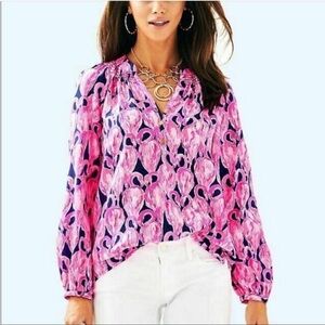 Lilly Pulitzer 100% Silk Blouse/Top NWT High Tide Via Amor Flamingo Women Summer
